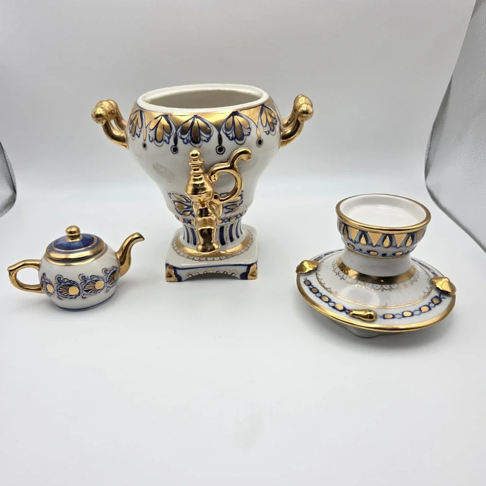 Vintage Russian Gzhel Decorative USSR Porcelain‎ Samovar Teapot Gift Gold Gilt